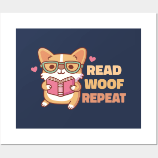 Cute Corgi With Glasses Read Woof Repeat Posters and Art